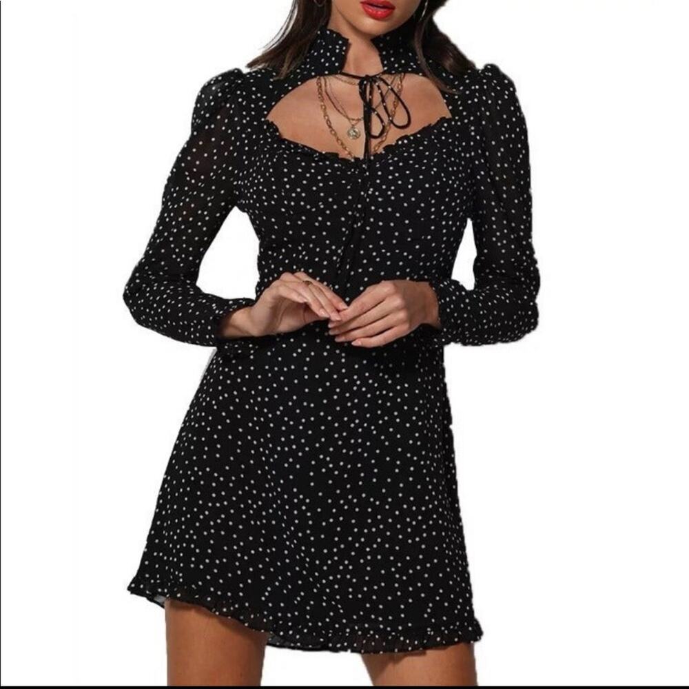 NEW Women's Heart Neck Long Sleeve Polka Dot Cocktail Mini Dress Sz Large